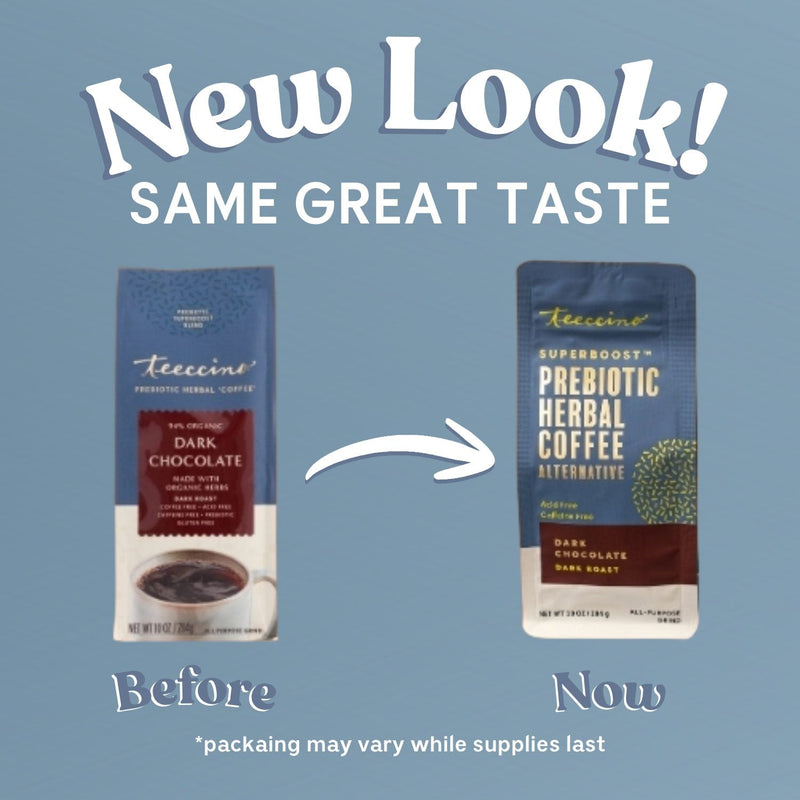 Teeccino Dark Chocolate Prebiotic SuperBoost Herbal Coffee Herbal Coffee Light Slate Gray 10 ounce ground