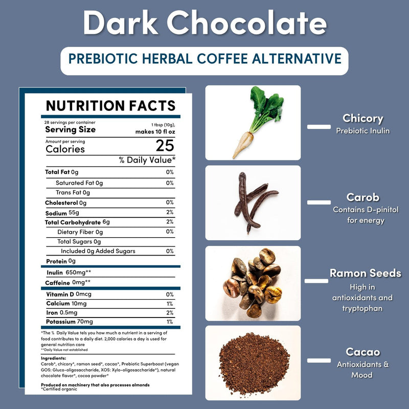 Teeccino Dark Chocolate Prebiotic SuperBoost Herbal Coffee Herbal Coffee White Smoke 10 ounce ground,5lb ground,Trial Size