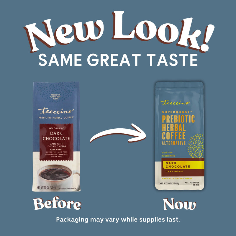 Teeccino Dark Chocolate Prebiotic SuperBoost Herbal Coffee Herbal Coffee Slate Gray 10 ounce ground,5lb ground,Trial Size