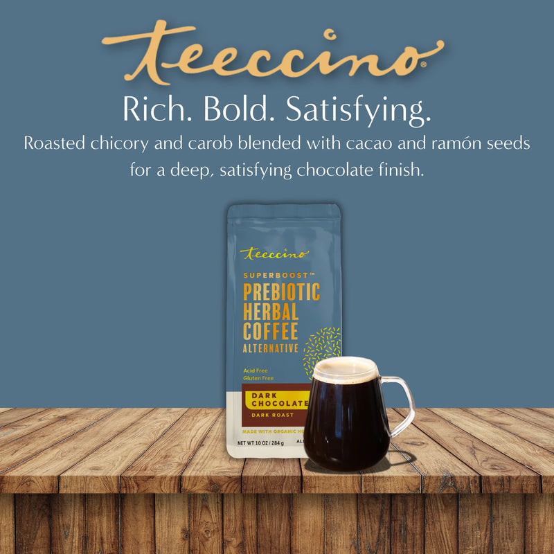 Teeccino Dark Chocolate Prebiotic SuperBoost Herbal Coffee Herbal Coffee Slate Gray 10 ounce ground,5lb ground,Trial Size