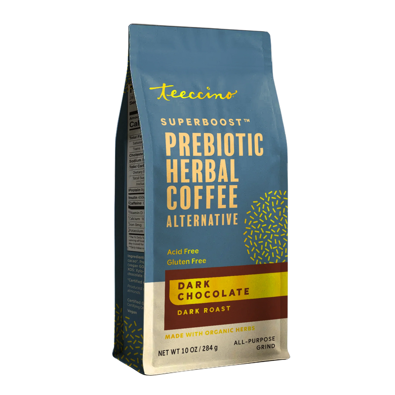 Teeccino Dark Chocolate Prebiotic SuperBoost Herbal Coffee Herbal Coffee Slate Gray 10 ounce ground,5lb ground,Trial Size