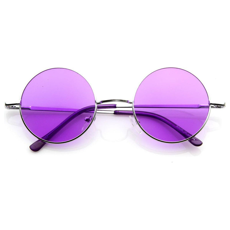 zeroUV Retro Hippie Metal Lennon Round Color Lens Sunglasses Sunglasses White Smoke Silver Purple