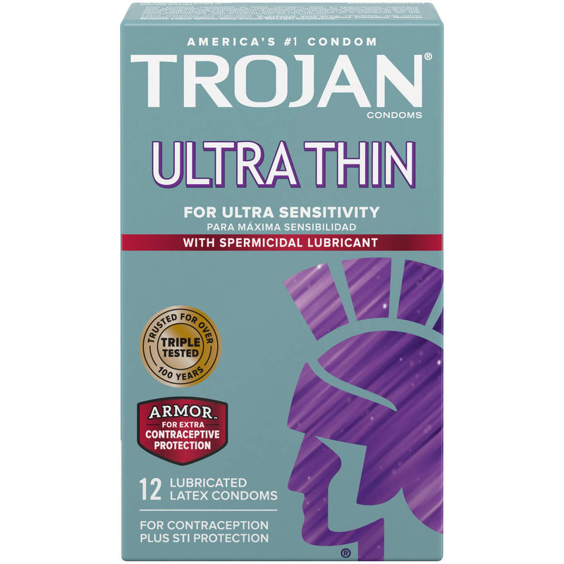 Trojan Trojan Condom Sensitivity Ultra Thin Spermicidal Lubricant 4 x 12 Condoms Light Slate Gray