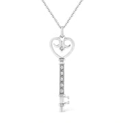 Bids.com .925 Sterling Silver Pave and Bezel-Set Diamond Accent Key 18" Heart and Lock Pendant Necklace (K-L Color, I1-I2 Clarity) Necklaces White Smoke White.Sterling Silver / 18