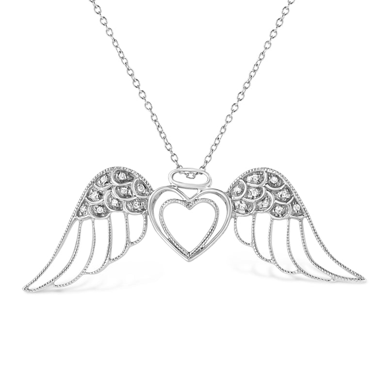 Bids.com .925 Sterling Silver Pave-Set Diamond Accent Angel Wing 18" Double Heart Pendant Necklace (I-J Color, I1-I2 Clarity) Necklaces White Smoke White.Sterling Silver / 18