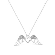 Bids.com .925 Sterling Silver Pave-Set Diamond Accent Angel Wing 18" Double Heart Pendant Necklace (I-J Color, I1-I2 Clarity) Necklaces White Smoke White.Sterling Silver / 18
