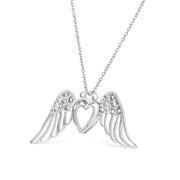Bids.com .925 Sterling Silver Pave-Set Diamond Accent Angel Wing 18" Double Heart Pendant Necklace (I-J Color, I1-I2 Clarity) Necklaces White Smoke White.Sterling Silver / 18