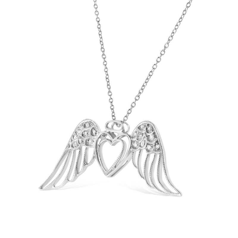 Bids.com .925 Sterling Silver Pave-Set Diamond Accent Angel Wing 18" Double Heart Pendant Necklace (I-J Color, I1-I2 Clarity) Necklaces White Smoke White.Sterling Silver / 18
