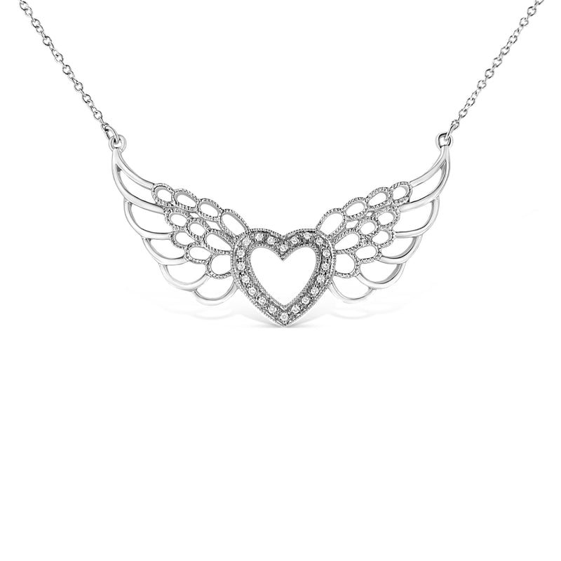 Bids.com .925 Sterling Silver Pave-Set Diamond Accent Fairy Wing 18" Heart Pendant Necklace (I-J Color, I1-I2 Clarity) Necklaces White Smoke White.Sterling Silver / 18