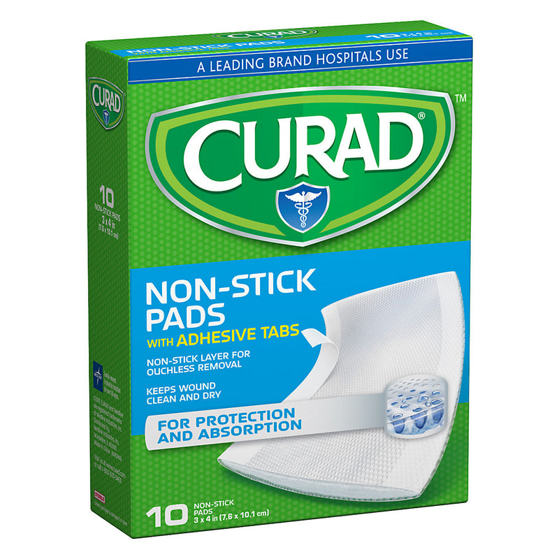 Curad Curad Non-Stick Pads with Adhesive Tabs, Ouchless Wound Dressing – 3" x 4", 10 Count First Aid White Smoke
