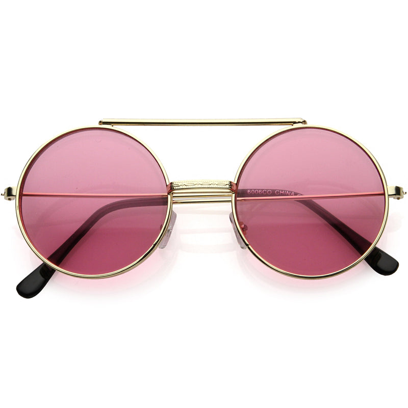zeroUV Steampunk Vintage Circle Round Flip Up Vintage Sunglasses 8793 Sunglasses White Smoke Gold Pink