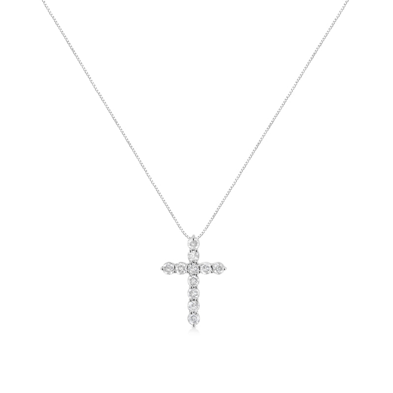Bids.com .925 Sterling Silver 1.0 Cttw Prong Set Round-Cut Diamond Cross 18" Pendant Necklace (I-J Color, I2-I3 Clarity) Necklaces White Smoke White.Sterling Silver / 18