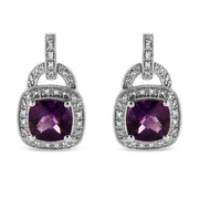 Bids.com .925 Sterling Silver 8MM Natural Cushion Shaped Amethyst and Diamond Accent Halo with Push Back Dangle Earrings (I-J Color, I2-I3 Clarity) Earrings White Smoke White.Sterling Silver / 0.08
