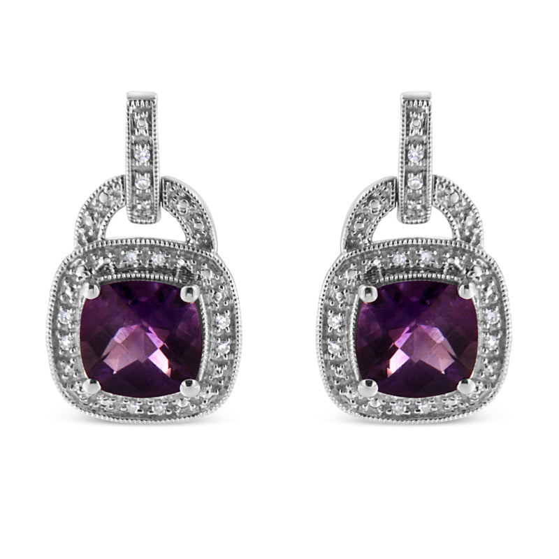 Bids.com .925 Sterling Silver 8MM Natural Cushion Shaped Amethyst and Diamond Accent Halo with Push Back Dangle Earrings (I-J Color, I2-I3 Clarity) Earrings White Smoke White.Sterling Silver / 0.08