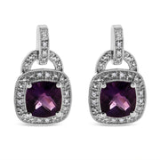Bids.com .925 Sterling Silver 8MM Natural Cushion Shaped Amethyst and Diamond Accent Halo with Push Back Dangle Earrings (I-J Color, I2-I3 Clarity) Earrings White Smoke White.Sterling Silver / 0.08