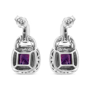 Bids.com .925 Sterling Silver 8MM Natural Cushion Shaped Amethyst and Diamond Accent Halo with Push Back Dangle Earrings (I-J Color, I2-I3 Clarity) Earrings White Smoke White.Sterling Silver / 0.08