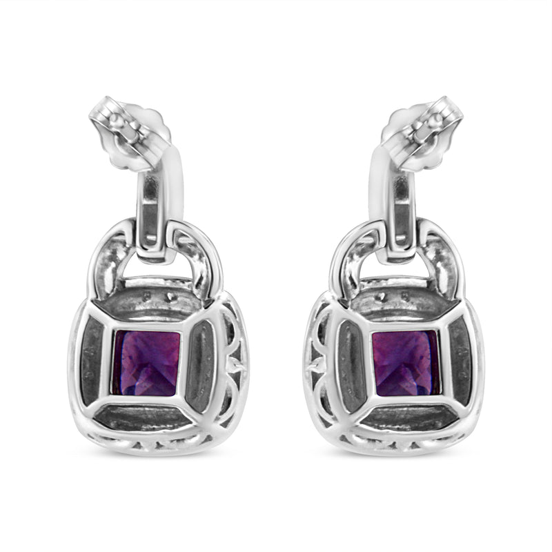 Bids.com .925 Sterling Silver 8MM Natural Cushion Shaped Amethyst and Diamond Accent Halo with Push Back Dangle Earrings (I-J Color, I2-I3 Clarity) Earrings White Smoke White.Sterling Silver / 0.08