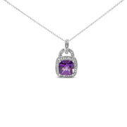 Bids.com .925 Sterling Silver 10X10 MM Cushion Purple Amethyst and Diamond Accent Halo 18" Pendant Necklace (I-J Color, I1-I2 Clarity) Necklaces White Smoke White.Sterling Silver / 18