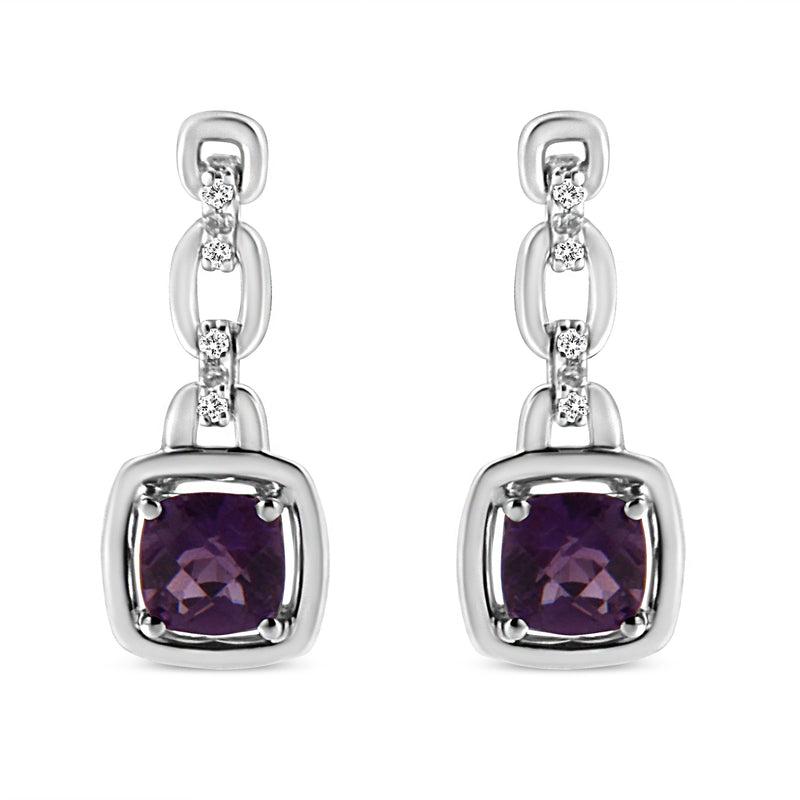 Bids.com .925 Sterling Silver 6x6MM Cushion Shaped Natural Purple Amethyst and Diamond Accent Drop and Dangle Earrings (I-J Color, I1-I2 Clarity) Earrings White Smoke White.Sterling Silver / 0.085