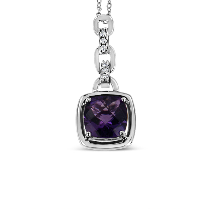 Bids.com .925 Sterling Silver 6x6MM Cushion Shaped Natural Purple Amethyst and Diamond Accented Bale 18" Inch Pendant Necklace (I-J Color, I1-I2 Clarity) Necklaces White Smoke White.Sterling Silver / 18