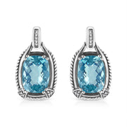 Bids.com .925 Sterling Silver 14x10MM Cushion Cut Blue Topaz Gemstone and Diamond Accent Dangle Earring (I-J Color, I1-I2 Clarity) Earrings White Smoke White.Sterling Silver / 0.098