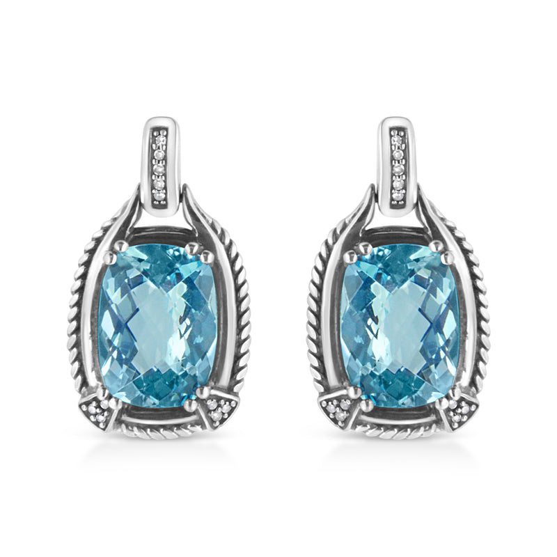 Bids.com .925 Sterling Silver 14x10MM Cushion Cut Blue Topaz Gemstone and Diamond Accent Dangle Earring (I-J Color, I1-I2 Clarity) Earrings White Smoke White.Sterling Silver / 0.098