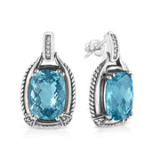 Bids.com .925 Sterling Silver 14x10MM Cushion Cut Blue Topaz Gemstone and Diamond Accent Dangle Earring (I-J Color, I1-I2 Clarity) Earrings White Smoke White.Sterling Silver / 0.098
