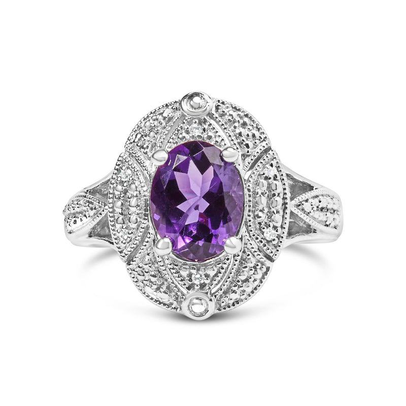 Bids.com .925 Sterling Silver 9x7mm Oval Purple Amethyst and Diamond Accent Art Deco Style Cocktail Ring (I-J Color, I1-I2 Clarity) - Size 6 Rings White Smoke 6 / White.Sterling Silver,7 / White.Sterling Silver,5 / White.Sterling Silver