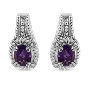 Bids.com .925 Sterling Silver 8x6 MM Natural Oval Purple Amethyst Gemstone and Diamond Accent Art Deco Style Drop and Dangle Earrings (I-J Color, I1-I2 Clarity) Earrings White Smoke White.Sterling Silver / 0.052