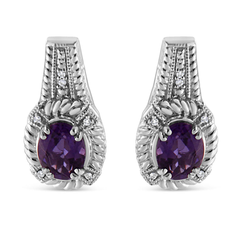 Bids.com .925 Sterling Silver 8x6 MM Natural Oval Purple Amethyst Gemstone and Diamond Accent Art Deco Style Drop and Dangle Earrings (I-J Color, I1-I2 Clarity) Earrings White Smoke White.Sterling Silver / 0.052
