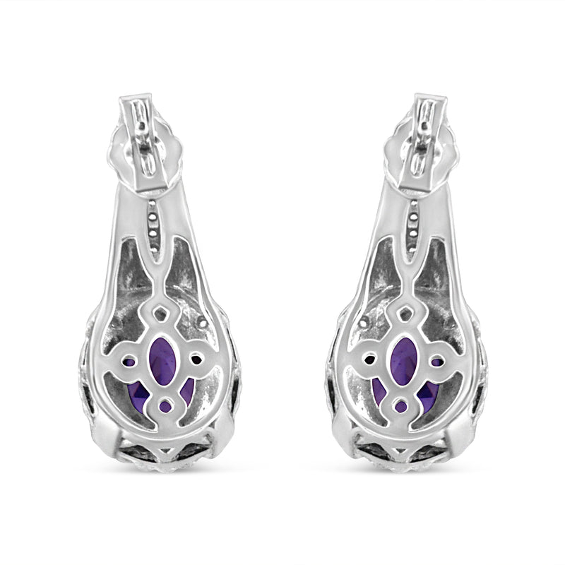 Bids.com .925 Sterling Silver 8x6 MM Natural Oval Purple Amethyst Gemstone and Diamond Accent Art Deco Style Drop and Dangle Earrings (I-J Color, I1-I2 Clarity) Earrings White Smoke White.Sterling Silver / 0.052