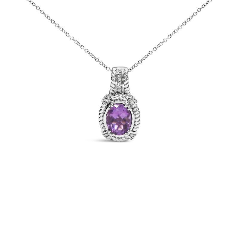 Bids.com .925 Sterling Silver 9x7mm Oval Purple Amethyst and Round Diamond Accent Fashion Drop Pendant 18 Inch Necklace (I-J Color, I1-I2 Clarity) Necklaces White Smoke White.Sterling Silver / 18