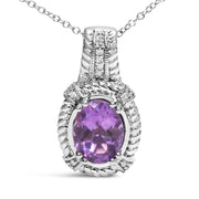 Bids.com .925 Sterling Silver 9x7mm Oval Purple Amethyst and Round Diamond Accent Fashion Drop Pendant 18 Inch Necklace (I-J Color, I1-I2 Clarity) Necklaces White Smoke White.Sterling Silver / 18