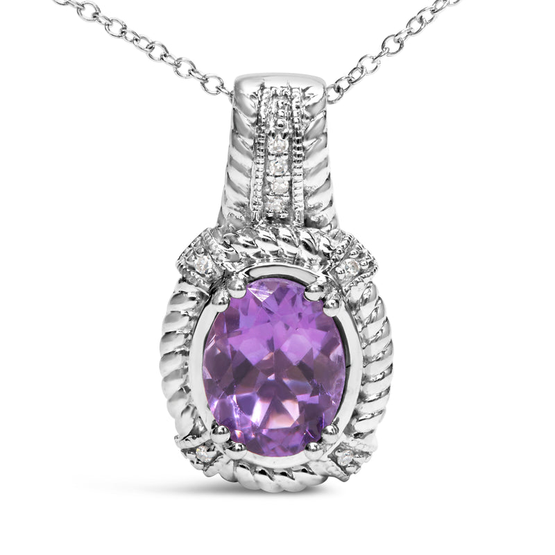 Bids.com .925 Sterling Silver 9x7mm Oval Purple Amethyst and Round Diamond Accent Fashion Drop Pendant 18 Inch Necklace (I-J Color, I1-I2 Clarity) Necklaces White Smoke White.Sterling Silver / 18