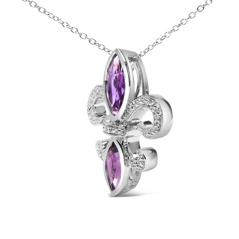 Bids.com .925 Sterling Silver Purple Amethyst Marquise and Diamond Accent Fleur De Lis Pendant Necklace (H-I Color, SI1-SI2 Clarity) - Size 18" Necklaces White Smoke White.Sterling Silver / 18