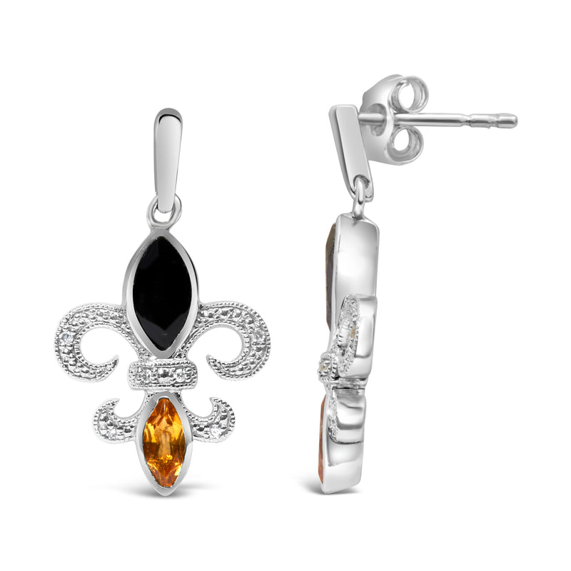 Bids.com .925 Sterling Silver Marquise Cut Onyx and Citrine with Diamond Accent Fleur De Lis Drop Stud Earrings (H-I Color, SI1-SI2 Clarity) Earrings White Smoke White.Sterling Silver / 0.05