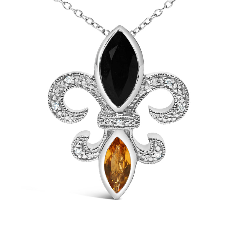 Bids.com .925 Sterling Silver Marquise Onyx and Citrine and Diamond Accent Fleur De Lis Pendant Necklace (H-I Color, SI1-SI2 Clarity) - 18" Necklaces White Smoke White.Sterling Silver / 18