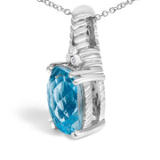 Bids.com .925 Sterling Silver Blue Topaz and Diamond Accent Textured Pendant Necklace - 18" Inches Necklaces White Smoke White.Sterling Silver / 18
