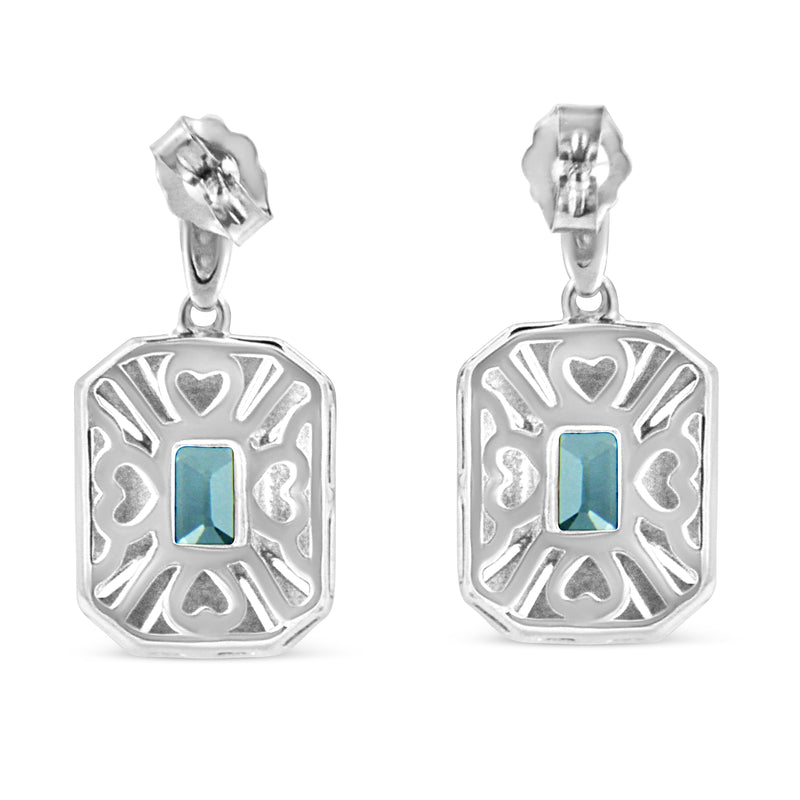 Bids.com .925 Sterling Silver 7x5MM Emerald Shape Blue Topaz and Diamond Accent Art Deco Halo Style Drop and Dangle Earrings (I-J Color, I1-I2 Clarity) Earrings White Smoke White.Sterling Silver / 0.04