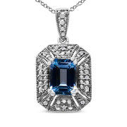 Bids.com .925 Sterling Silver Blue Topaz and Diamond Accent Art Deco Style 18" Pendant Necklace (I-J Color, I1-I2 Clarity) Necklaces White Smoke White.Sterling Silver / 18