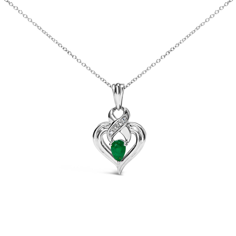 Bids.com .925 Sterling Silver 6x4mm Pear Emerald and Diamond Accent Heart Pendant Necklace (H-I Color, SI1-SI2 Clarity) - 18 Inches Necklaces White Smoke White.Sterling Silver / 18