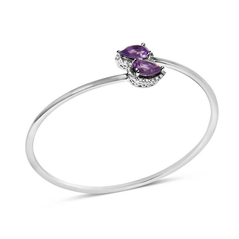 Bids.com .925 Sterling Silver 8 x 5.5mm Pear Shape Amethyst  and Diamond Accent Halo Bypass Bangle Bracelet (H-I Color, SI1-SI2 Clarity)  - Fits up to 7" Inches Bracelets White Smoke White.Sterling Silver / 7