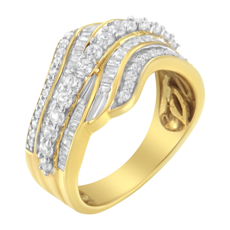Bids.com 10K Yellow Gold 1.0 Cttw Baguette and Round Diamond Multi-Row Wave Bypass Ring (I-J Color, I1-I2 Clarity) - Ring Size 7 Rings White Smoke 6 / Yellow.Gold,7 / Yellow.Gold,9 / Yellow.Gold,8 / Yellow.Gold