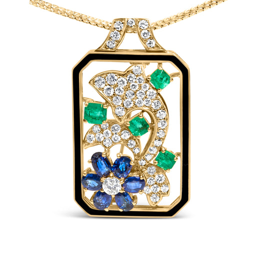 Bids.com 18K Yellow Gold 2 1/3 Cttw Diamond, Sapphire, and Emerald Dog Tag with Dolphin Silhouette Convertible 18" Pendant Necklace and Brooch (G-H Color, SI1-SI2 Clarity) Accessories White Smoke Yellow.Gold / 2.3