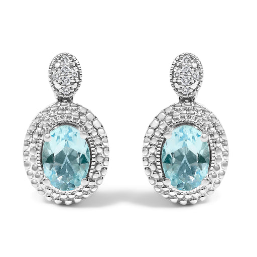 Bids.com .925 Sterling Silver Diamond Accent and  Oval Blue Topaz with Beaded Halo Drop Stud Earrings (I-J color, I1-I2 Clarity) Earrings White Smoke White.Sterling Silver / 0.044