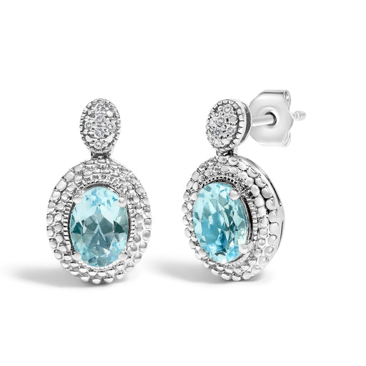 Bids.com .925 Sterling Silver Diamond Accent and  Oval Blue Topaz with Beaded Halo Drop Stud Earrings (I-J color, I1-I2 Clarity) Earrings White Smoke White.Sterling Silver / 0.044
