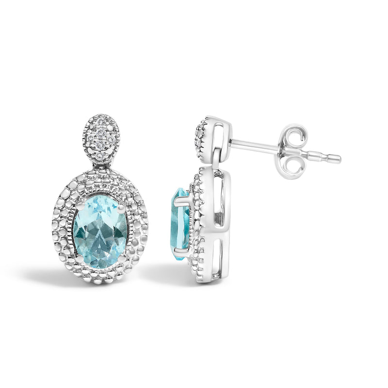 Bids.com .925 Sterling Silver Diamond Accent and  Oval Blue Topaz with Beaded Halo Drop Stud Earrings (I-J color, I1-I2 Clarity) Earrings White Smoke White.Sterling Silver / 0.044