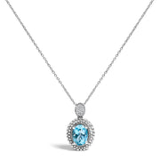 Bids.com .925 Sterling Silver Oval Blue Topaz and Diamond Accent with Beaded Halo Pendant Necklace - 18" Inches Necklaces White Smoke White.Sterling Silver / 18