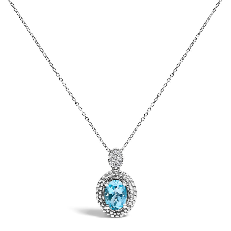 Bids.com .925 Sterling Silver Oval Blue Topaz and Diamond Accent with Beaded Halo Pendant Necklace - 18" Inches Necklaces White Smoke White.Sterling Silver / 18