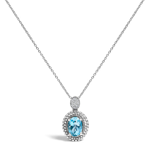 Bids.com .925 Sterling Silver Oval Blue Topaz and Diamond Accent with Beaded Halo Pendant Necklace - 18" Inches Necklaces White Smoke White.Sterling Silver / 18